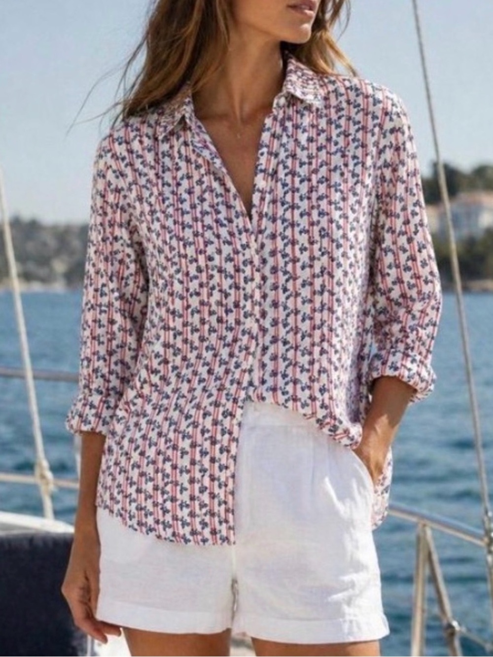 Grayson Red White Blue Stripe Bicycle Print Button Up Shirt XS Cotton Preppy USA